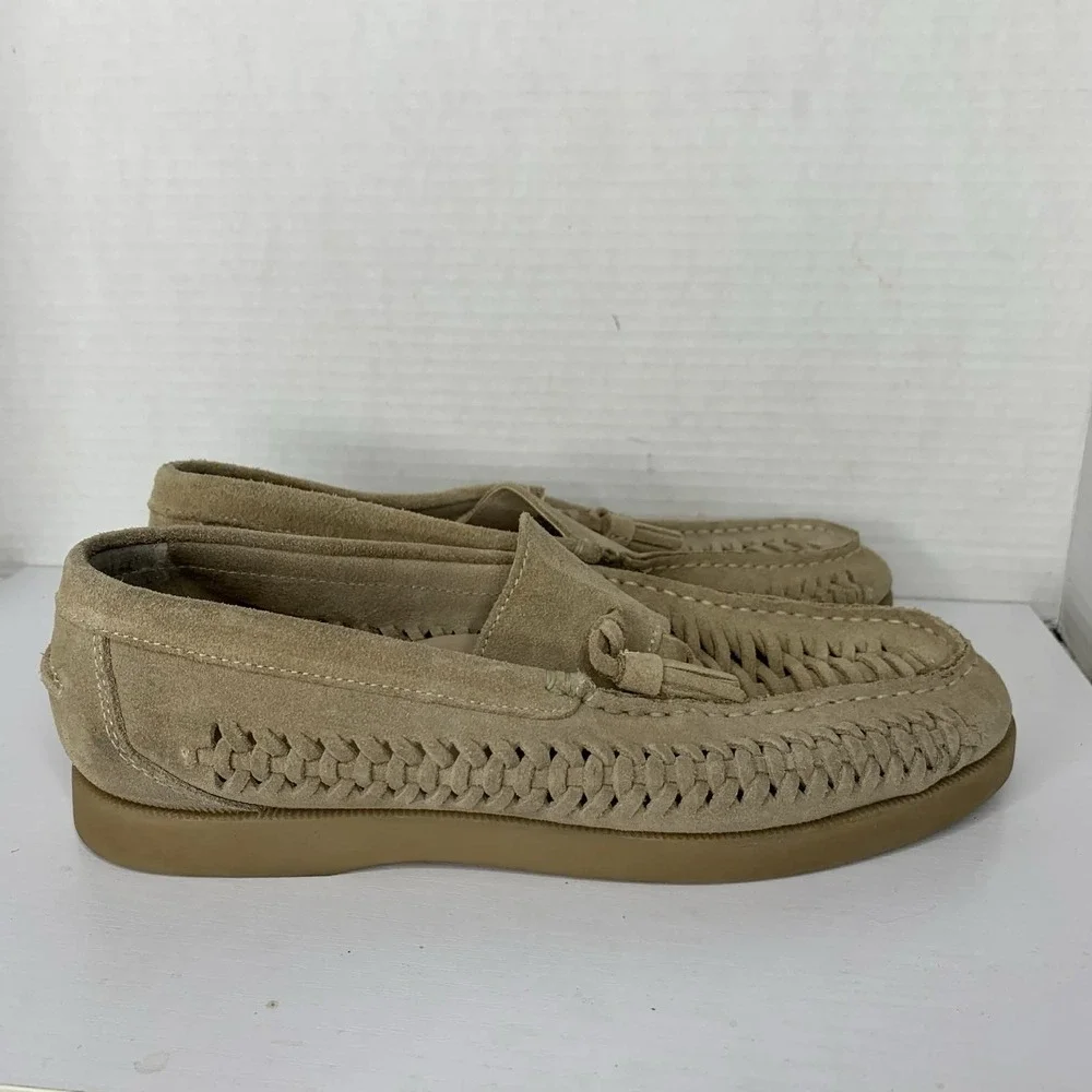ASOS DESIGN loafers with weave detail in stone suede with natural sole